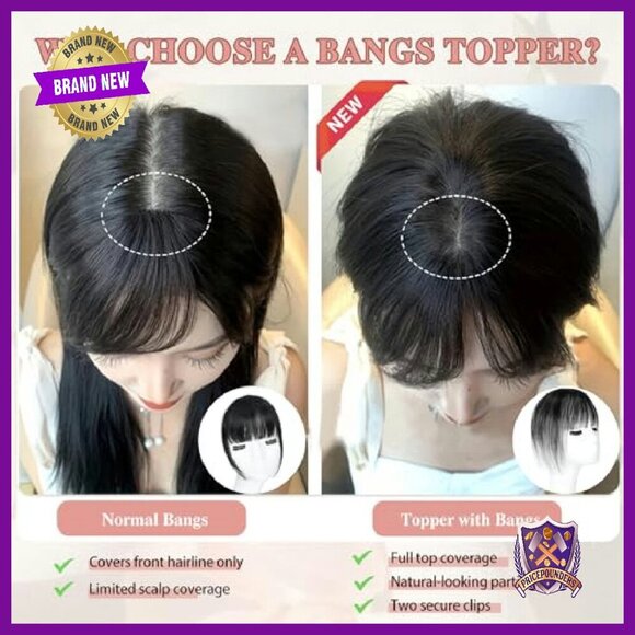 Human Hair Topper with Bangs, 360° Coverage Clip-In Hairpiece main image 4